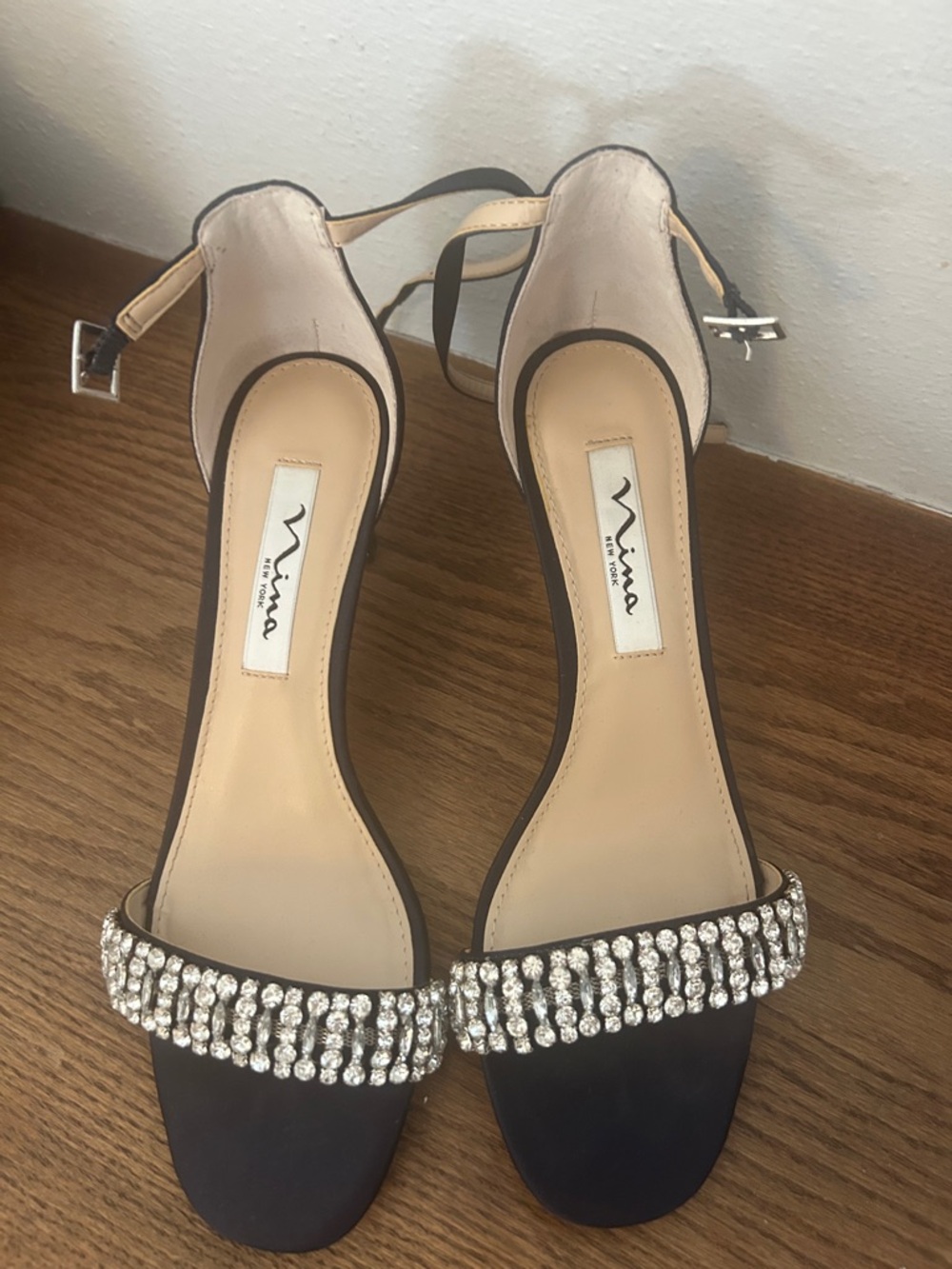 Nina Navy Crystal-Embellished Ankle-Strap Heels, more like a